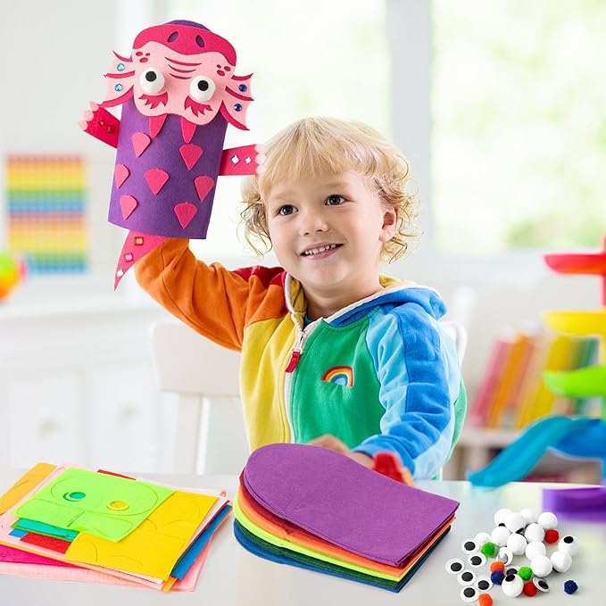 WATINC 6Pcs Hand Puppet Making Kit, Art Craft Felt Sock Puppet Toys, Creative DIY Make Your Own Pompoms Wiggle Googly Eyes Storytelling Role Play Party Supplies Gift for Girls Boys (Dinosaurs B)