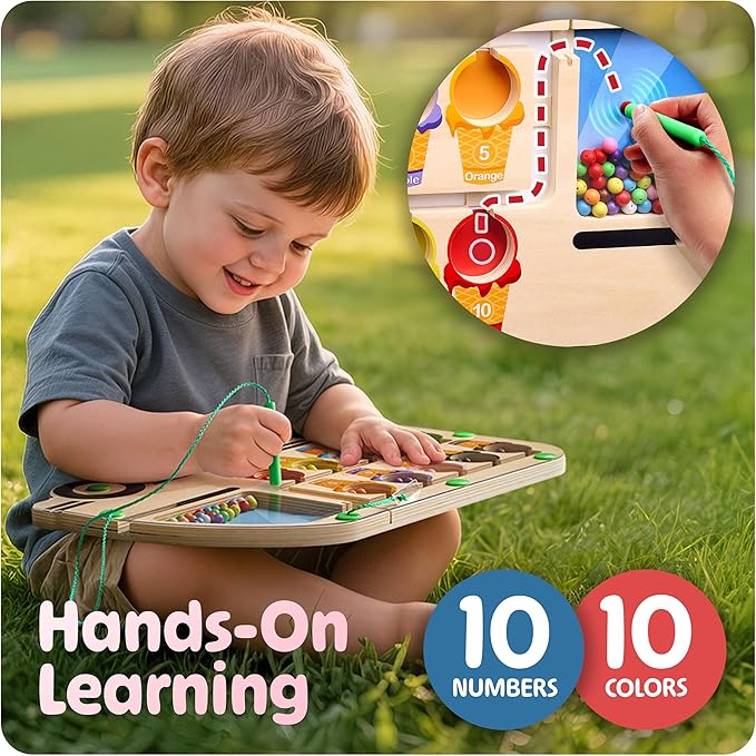 Super Fun Ice Cream Truck Magnetic Color & Number Maze Adventure Toy - For Toddlers and Kids - Montessori Puzzle Board for 1-10 Counting and 10 Color Matching/Sorting - Improve Child's Motor Skills