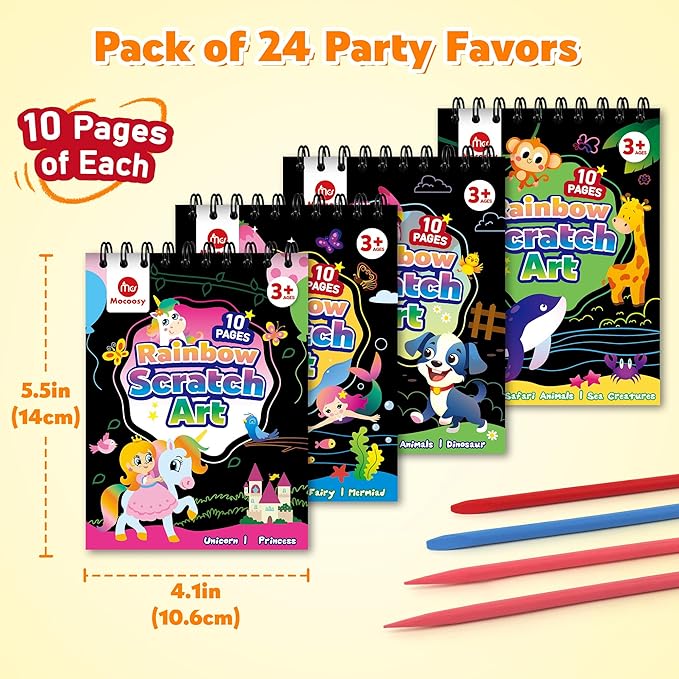 Mocoosy 24 Pack Scratch Art Party Favors for Kids, Birthday Goodie Bag Stuffers, Rainbow Scratch Notebook Bulk Classroom Prizes, Kids Art and Craft Kit Bulk Return Gifts Prize Box Toys for Boys Girls