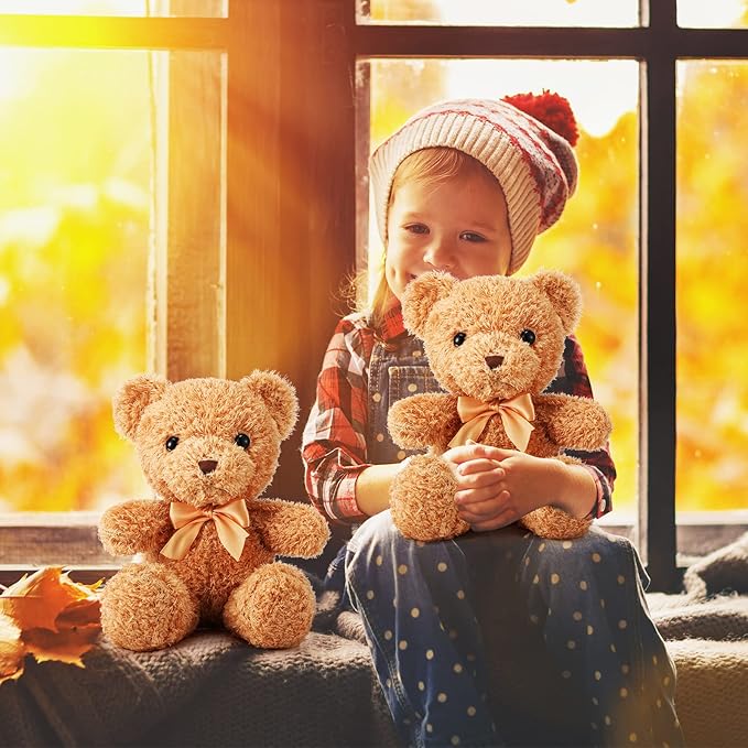 HyDren 18 Pcs Bear Stuffed Animals Bulk 12 Inch Soft Plush Bears Doll with Bows Small Stuffed Toy for Girl Boy Baby Shower Christmas Valentine Birthday Decor Gift Party Favors (Light Brown)