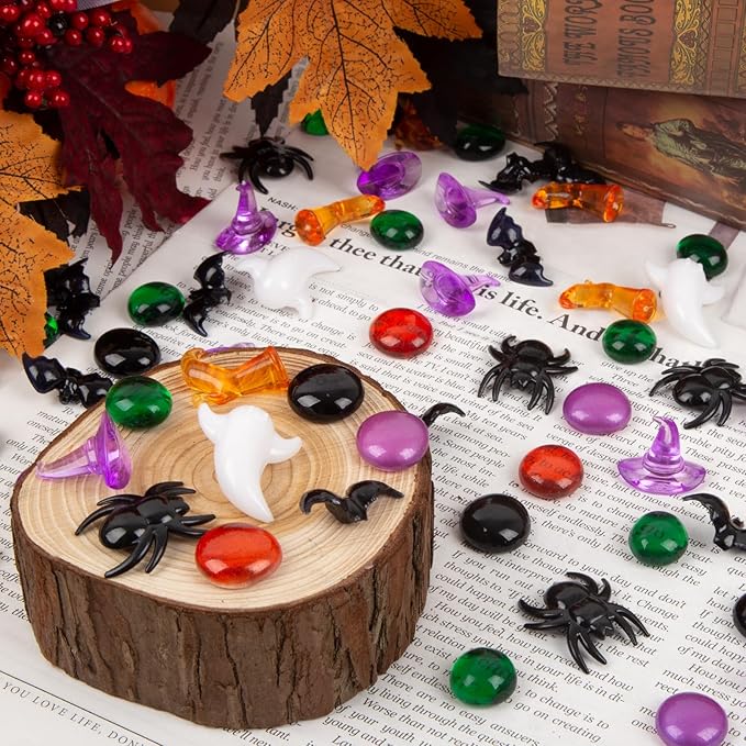 100+ Halloween Sensory Bin Filler & Vase Filler Acrylic Gems Mini Resin Animals Spider Bat & Ghost Witch Hat Boots, for Halloween Decoration, Vase Filler, Sensory Bin Filler Preschool Counting Gems