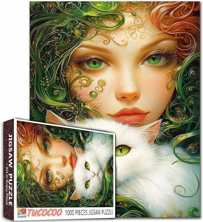 Fantasy Women and White Cat Puzzles for Adults 1000 Pieces Jigsaw Puzzle Green Hair Girl Puzzles Art Challenge Family Game, Kitten Adult Puzzle