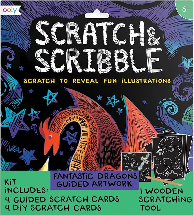Ooly Scratch & Scribble 10pc Art Kit with 8 Total Scratch Cards (4 Illustrated, 2 Blank, 2 Rainbow) with Scratching Tool and Sparkled Stickers, Art Set Gifts for Kids - Dragons