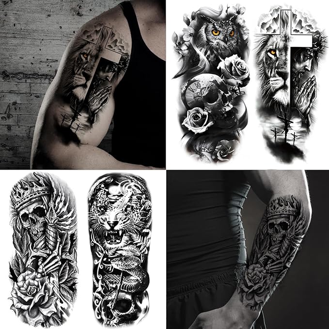 82 Sheets Temporary Tattoo for Men Women Adults, Include 12 Sheets Black 3D Half Sleeve Temporary Tattoos, Halloween Tattoos Scary Lion Wolf Tiger Skull Skeleton Tattoos Stickers