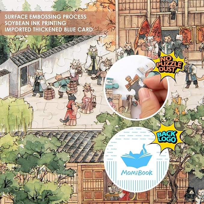 MOMIBOOK Puzzles for Adults 1000 Pieces Jigsaw Puzzles of Genre Painting of Cats in Jiangnan, Painting Image Chinese Challenging Hard Impossible Puzzle Unique Funny Party Christmas Birthday Gifts