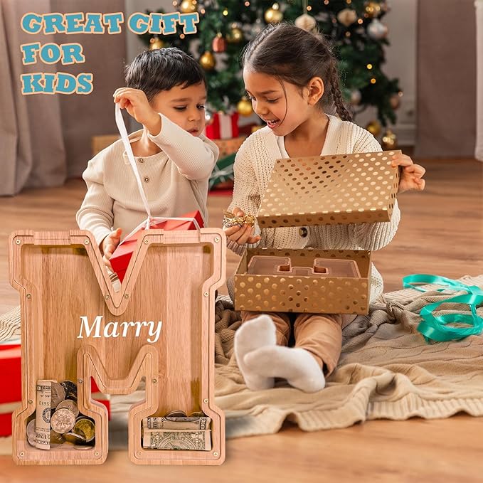 Wooden Letter Piggy Bank for Kids Larger Letter Piggy Bank for Boys and Girls Personalized Piggy Bank Initial Coin Bank Wood Kids Money Bank for Birthday and Festival