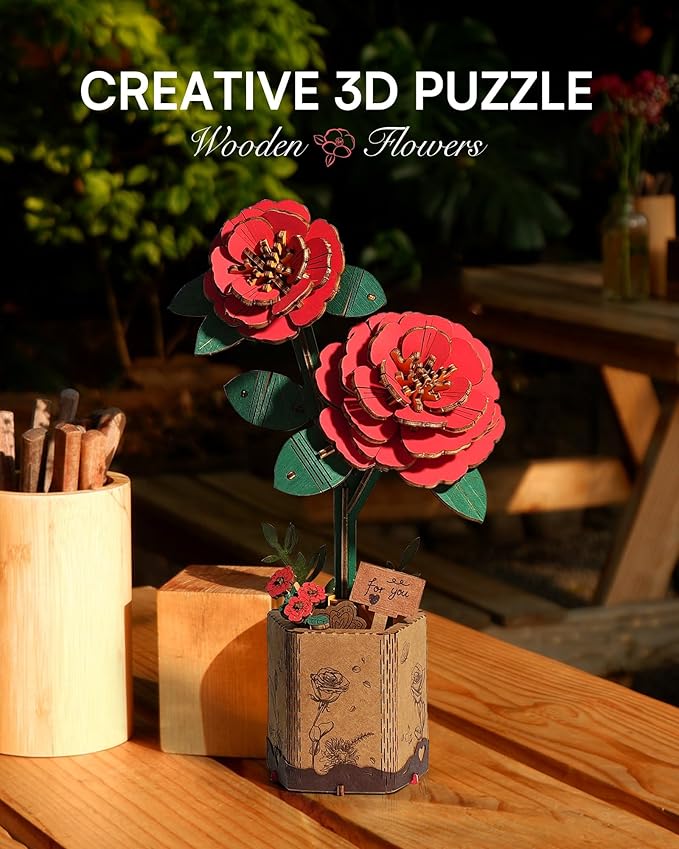 3D Flower Wooden Puzzles for Adults-Red Camellia, DIY Wooden Flowers Model Kit Building Set Crafts for Adults to Build, Botanical Collection/Ideal Creative Gift Ideas/Housewarming (113PCS)