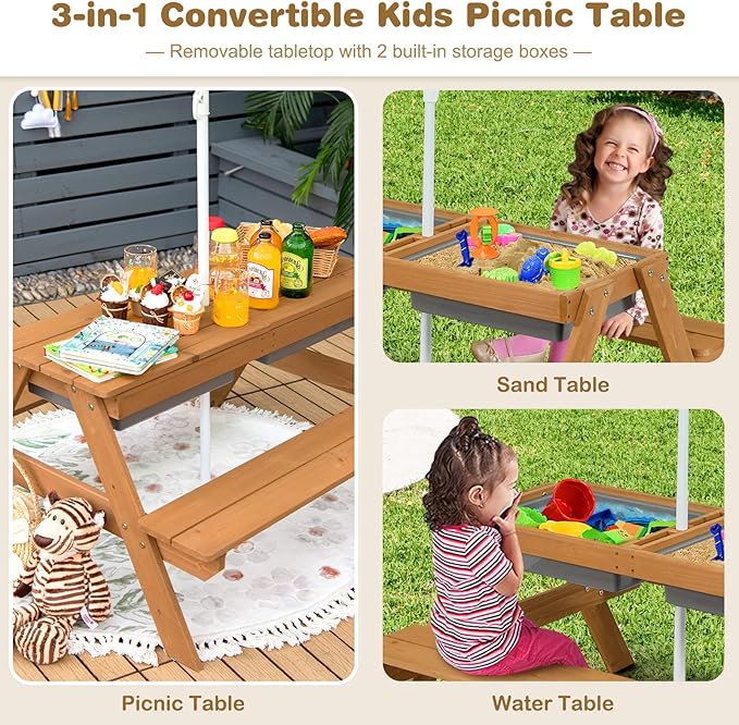 HONEY JOY Kids Picnic Table, 4 in 1 Cedar Wooden Sand & Water Table w/ 2 Removable Box & Umbrella, Kids Picnic Tables for Outdoors Backyard Garden, Toddler Patio Furniture Set for Boys Girls(Colorful)