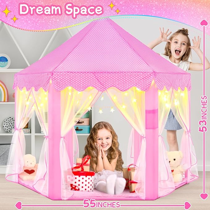 EVOIONOS Princess Tent with Lights and Rug, Play Tent for Girls, Kids Tent Indoor and Mat, Princess Castle Playhouse Tent for Girls, Pink Girls Tent for Toddlers, 55 x 53 inch Toy Tent