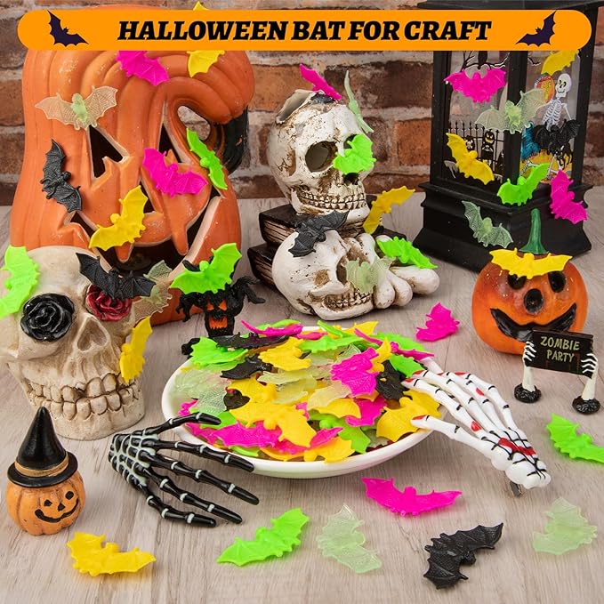 200 Pcs Plastic Bat Halloween Colorfol Mini Bats Small Luminous Bats Cute Fake Bats Creepy Scary Prank Toys for Halloween Decorations Spooky Season Decor (5 Colors)