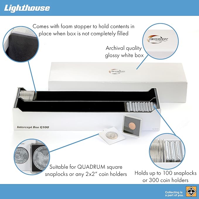 Lighthouse - Storage Box Q100 for 100 QUADRUM Square Snaplocks or 300 Coin Holders with INTERCEPT TECHNOLOGY Corrosion Protection (14 1/2" x 5" x 2 1/2")