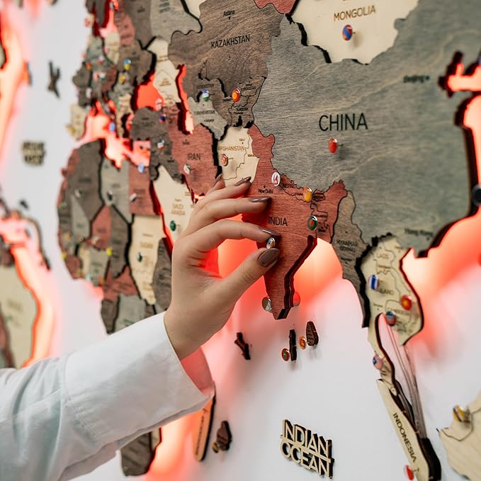 Enjoy The Wood 3D Wood World Map LED 3.0 Wall Art Modern Home Decor Gifts LED Lighting Wall Decor Housewarming Gift (Fusion)