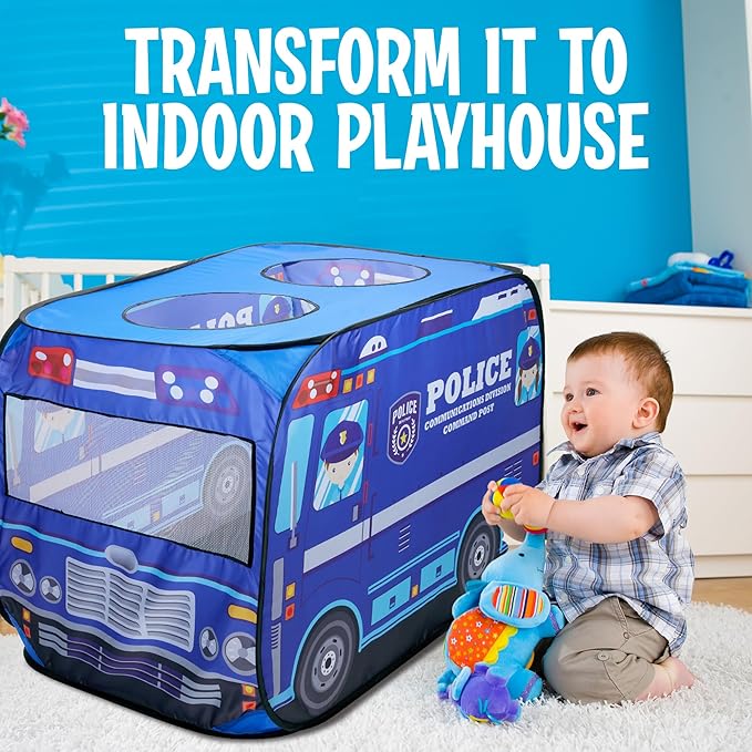 Playbees Police Car Pop Up Play Tent with Sound Button Super Hero Playhouse for Interactive Fun Play Toys & Gifts for Kids Toddlers Boys Girls Pop Up Car Tent Foldable Quick Setup - Indoor & Outdoor