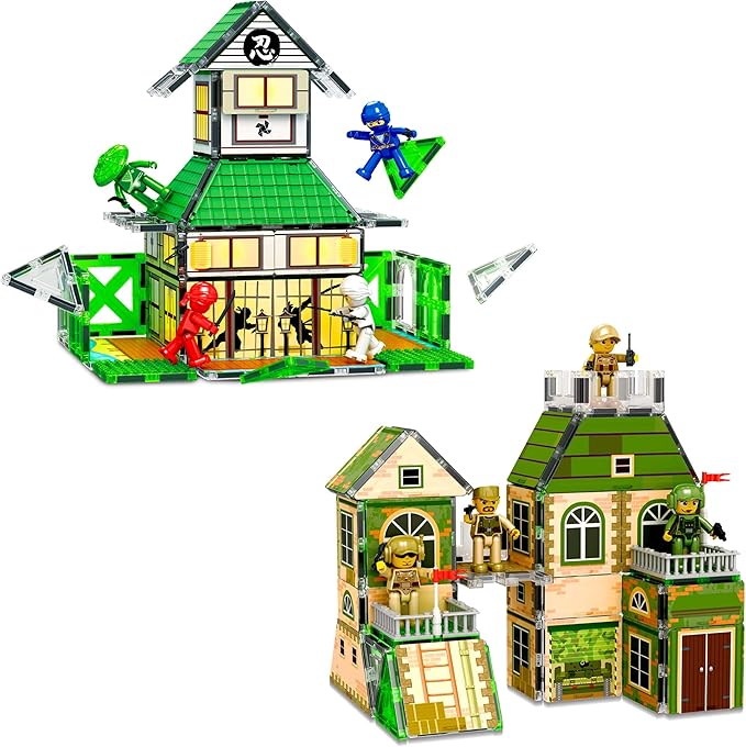 PicassoTiles 102pc Magnet Tile Building Block Ninja & Troop Theme Double Sided Printings 2in1 with 8 Character Figures Magnetic Tiles Construction Playset Fine Motor Skill STEM Educational Age3+ PTQ02