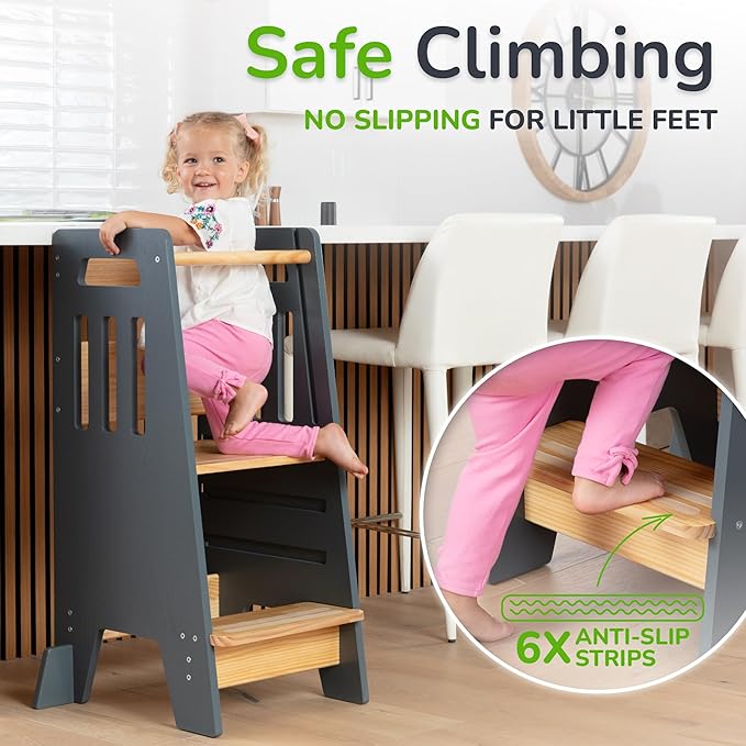 OCODILE Toddler Tower with a Sliding Door and 3 Adjustable Heights - Complete Toddler Kitchen Stool Helper with Support Feet - Safe Design for 18+ Months to 6-Year-Old Kids - Gray