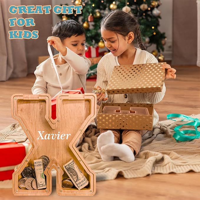 Wooden Letter Piggy Bank for Kids Larger Letter Piggy Bank for Boys and Girls Personalized Piggy Bank Initial Coin Bank Wood Kids Money Bank for Birthday and Festival