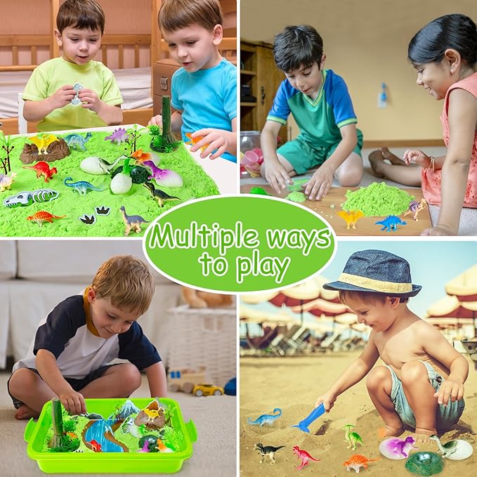 Dinosaur Sensory Bin Toys, 49 Pcs Dinosaur Sandbox Sands Kit with 2.2lb Magic Sand & Dinsoaur Figures,Sandbox with lid, Play Sand Kit, Kid Sensory Bins Birthday Gift for 3 4 5 6 7 8 Years Old
