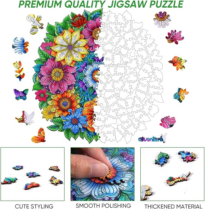 Wooden Puzzles for Adults 200 Pieces, Christmas Colourful Flower Plants Jigsaw Puzzles for Adults, Unique Shape Animal Puzzles, Irregular Wood Gift for Family Game (12.4x11.4 in)