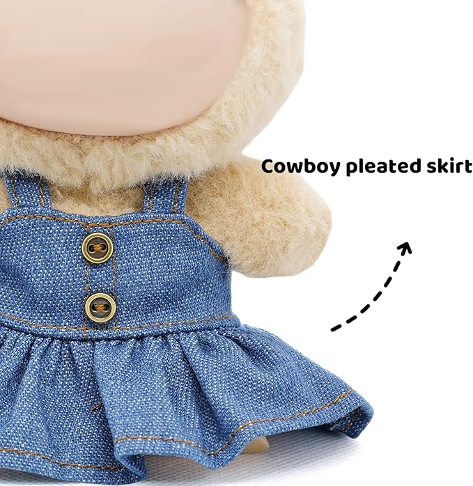Doll Clothes Compatible with Labubu 17cm Cute Style Doll Outfit 2 Piece Set Including a Denim Dress and Red Bow - Dolls Skirt Accessories - No Doll (Blue)