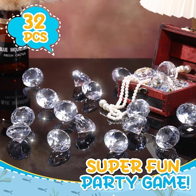Zomiboo 16 Pcs Acrylic Diamond Large Gems Pirate Round Treasure Toy Gems Treasure Round Gemstones Acrylic Diamond Shaped Gemstones for Home Table Vase Fillers Party Decor (Clear)