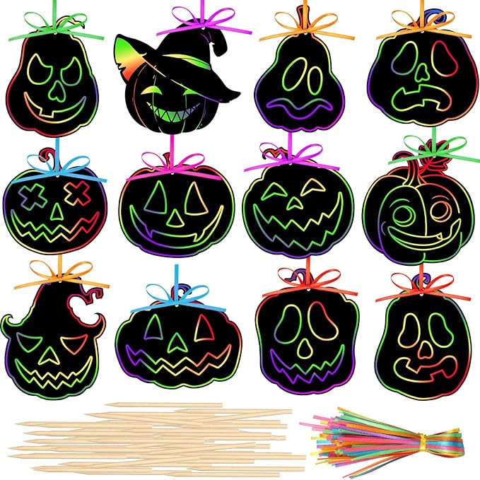 Qilery 120 Pcs Fall Halloween Scratch Paper Off Cards Magic Pumpkins Scratch Off Paper Craft Art Activities Rainbow Black Fun for Thanksgiving Party Ornaments DIY Education Game(Pumpkins)