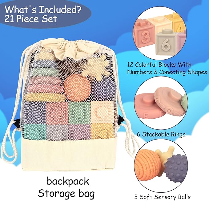 21PCS Montessori Toys for Babies,Teething Toys for Babies Months, 6 Months+, Early Educational Learning Stacking Tower, Sensory for Toddlers 1-3, Soft Rings Stacker & Teethers