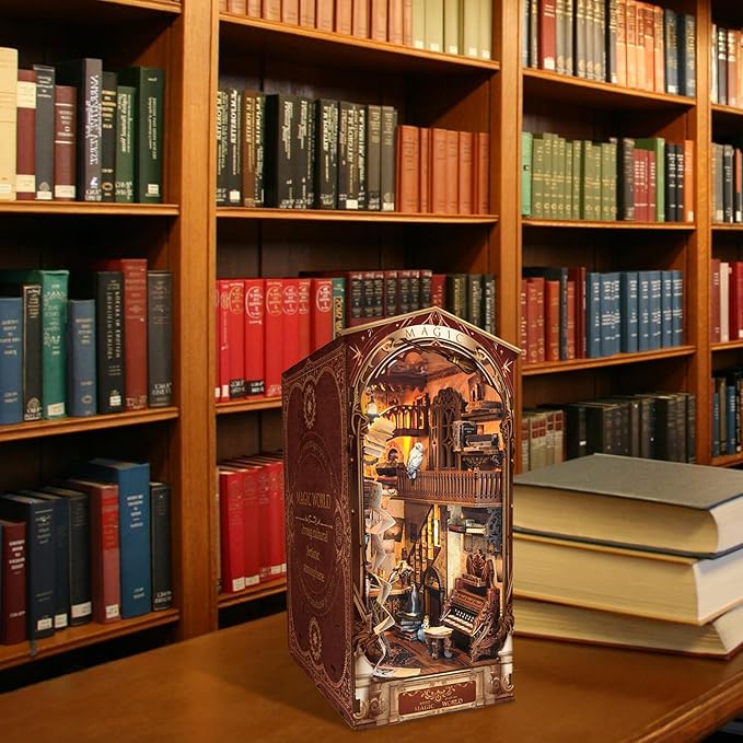 DIY Book Nook Kit,New DIY Dollhouse Booknook Bookshelf Insert Decor,3D Wooden Puzzles with LED,Book Nook Miniature Kit,Birthday Easter Home Decor for Teens Adult-Magic World