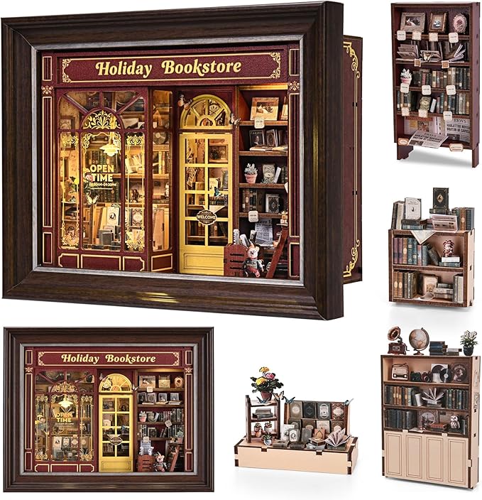 Book Nook Kit-3D Wooden Puzzle with LED Switch Control & Wall-Mountable Frame,DIY Miniature House for Beginners,Bookshelf/Tabletop/Wall Decor for Craft Lovers,Dollhouse Gift,Holiday Bookstore