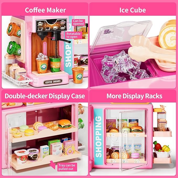 Toddler Toy Grocery Store, Supermarket Playset with Touch Voice Cash Register, Scanner, Coffee Maker, Play Food, Play Money, Pretend Play Toys for Toddlers Kids Birthday (Pink)