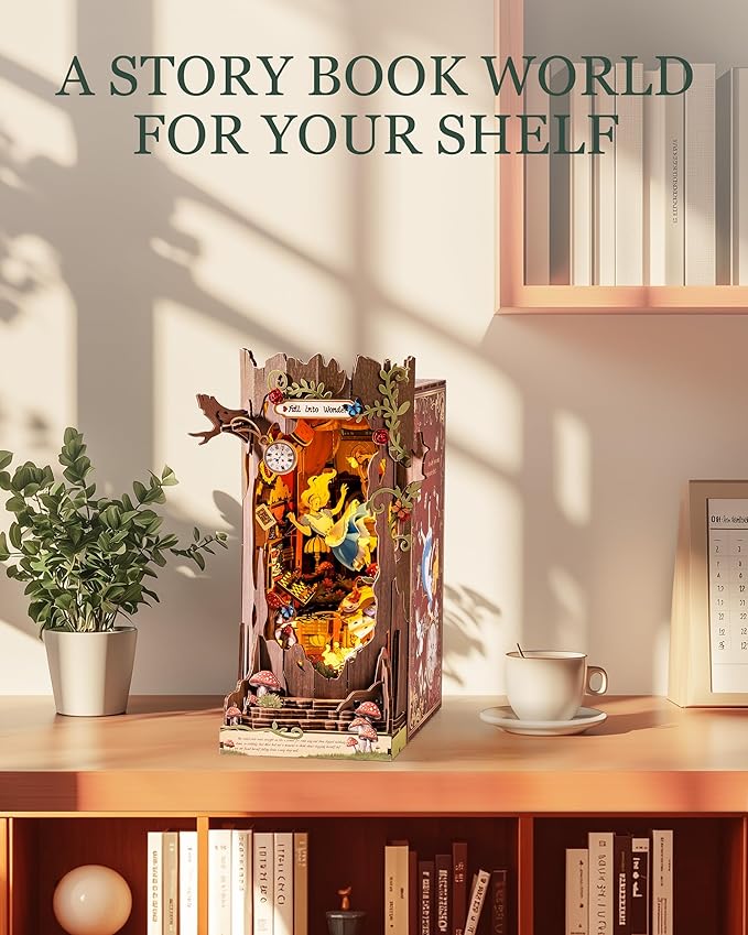 Rolife DIY Book Nook Kits Fall into Wonder, Fairy Tale Bookend Wooden 3D Puzzles for Bookshelf Decor, DIY Miniature House Building Kit for Adults, DIY Crafts/Surprised Gifts for Teens & Book Lovers