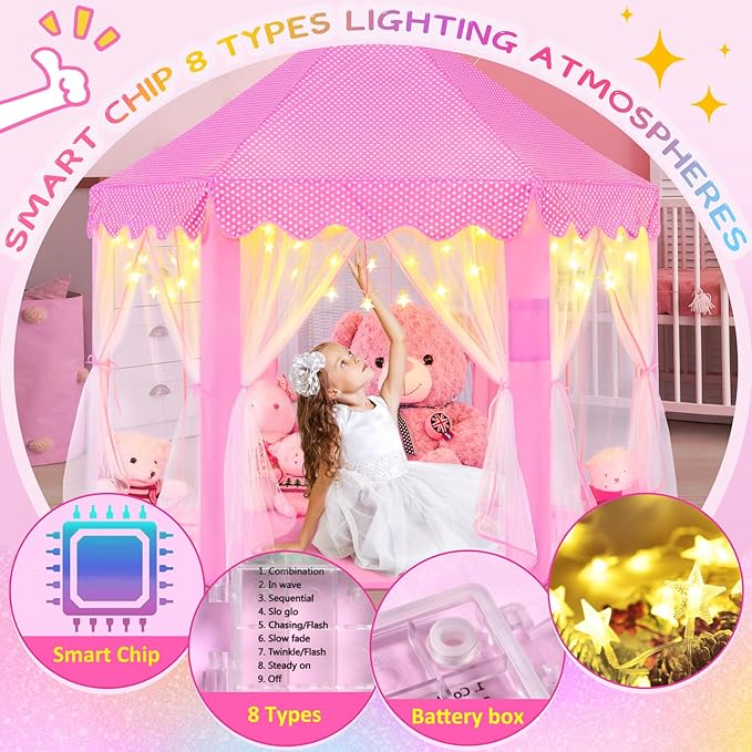 EVOIONOS Princess Tent with Lights and Rug, Play Tent for Girls, Kids Tent Indoor and Mat, Princess Castle Playhouse Tent for Girls, Pink Girls Tent for Toddlers, 55 x 53 inch Toy Tent