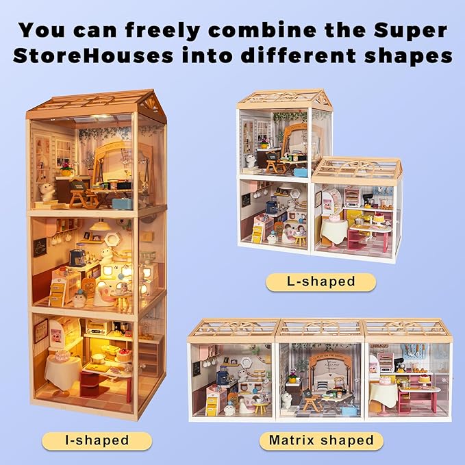 DIY Miniature House Kit Plastic House Building Toy Set with Roof & 2 Doors, Mini Dollhouse Kit with LED for Mini Figures Construction Toys Diorama Kit Gifts for Teens Adults (Happy Cat Pet)