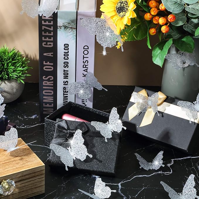 BBTO 48 Pieces Butterfly Wall Decor DIY Mirror 3D Butterfly Stickers Removable Decals for Home Bedroom School Bathroom Living Room Decor(Glitter Silver)