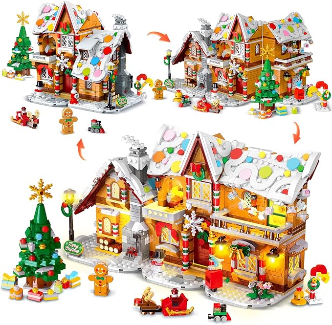 2025 Christmas 3 Style Gingerbread House Building Set with Light - 1477PCS Christmas Village Castle Building Block Toy with Santa Claus Xmas Tree Train for Adults Kids Girls Boys Ages 6+