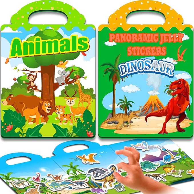 2 Sets Reusable Sticker Books for Toddlers 1-3, Animal Jelly Sticker Books for Kids 2-4 Years, Toddler Travel Toys Activity Road Trip Essentials for Kids- Animal + Dinosaurs