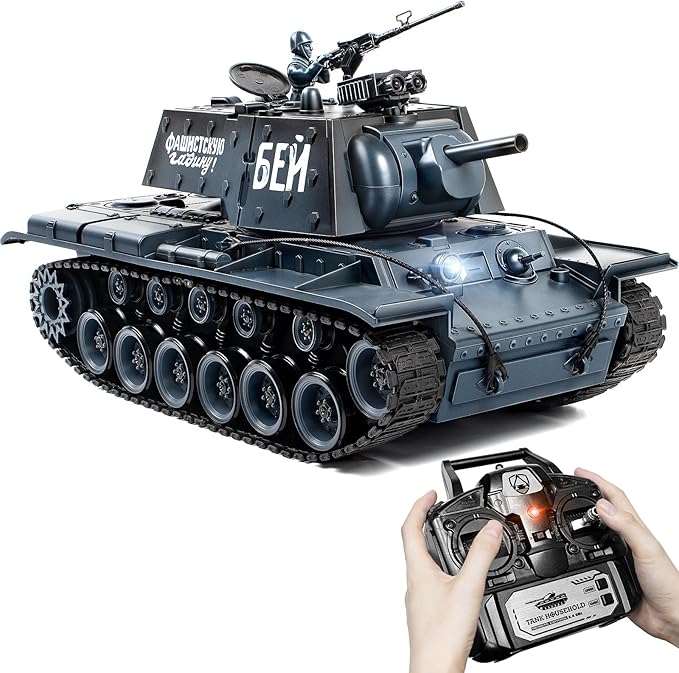 1:18 remote control Tank, 2.4Ghz Soviet Union KV1 RC Tank Model Toys, 15 Channel Battle Army Toy with Smoke, Light and Sound, Military RC Vehicle for Adult and Kid that Shoot BBS and Water Bomb