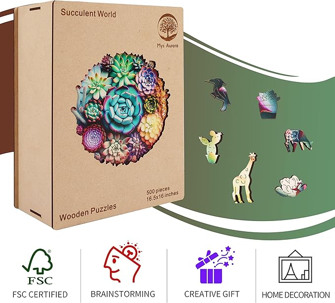 delobi Mandala Succulent Wooden Puzzles, 500 Pieces Jigsaw Puzzles 11.3'' x10.9'', Unique Design Liberty Wooden Puzzles for Adults and Kids, Family Game Gift Medium Size