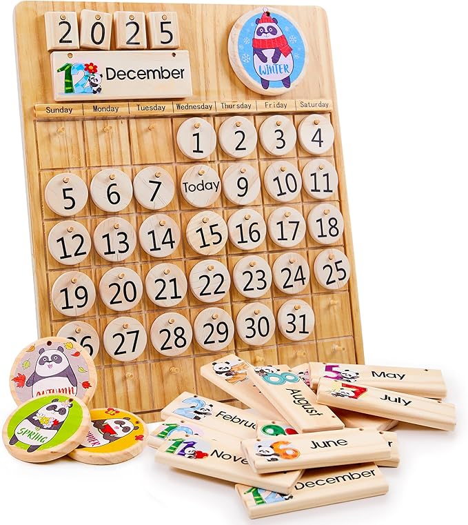 Panda Brothers Wooden Perpetual Calendar - Montessori Toy for Kids Learning Seasons, Months and Days of The Year, Preschool Calendar for Kids Learning at Home and Classroom Teaching, on Desk and Wall
