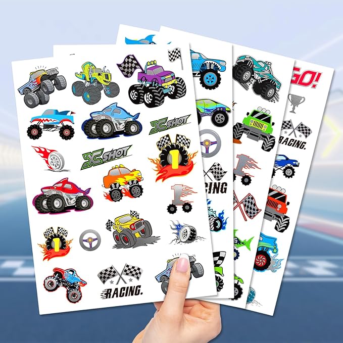 75 PCS Truck Temporary Tattoos for Kids, Groovy Metallic Styles Tattoos for Truck Wheels Birthday Party Supplies Racing Car Checkered Flag Trophy Flame Fake Tattoo Stickers for 5 6 7 8 Years Old Boys
