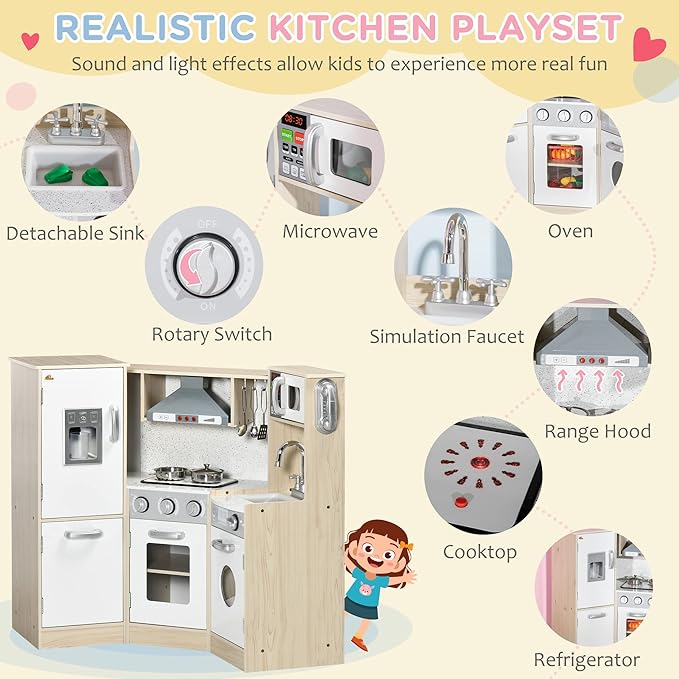 Qaba Ultra-Big Corner Kids Kitchen Playset with Sound Effects, Wooden Play Kitchen with Stainless Steel Cooking Toys, Imaginative Pretend Toy for Ages 3-6 with Phone, Ice Maker