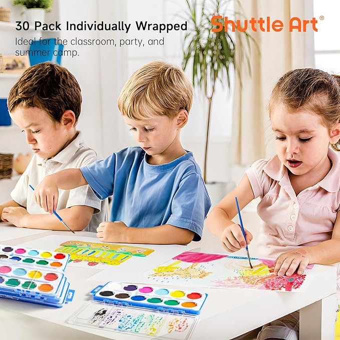 Shuttle Art 30 pack Watercolor Paint Set Bulk, 12 Colors Watercolor Paint Set bulk with Paint Brushes for Kids and Adults, Washable Paint for Classroom, Parties, Kindergarten and Art Activities