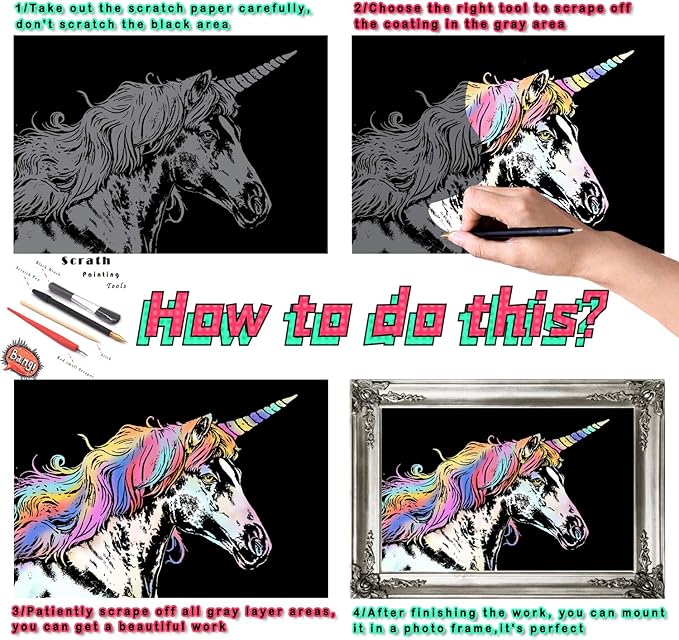 Scratch Rainbow Painting Art Paper Scratch & Sketch Art for Adults Scratch Painting Creative Gift Engraving Art&Craft Set Sketch Pad DIY Scratchboard with 4 Tools 11.7''x8.3''(Animal Series)