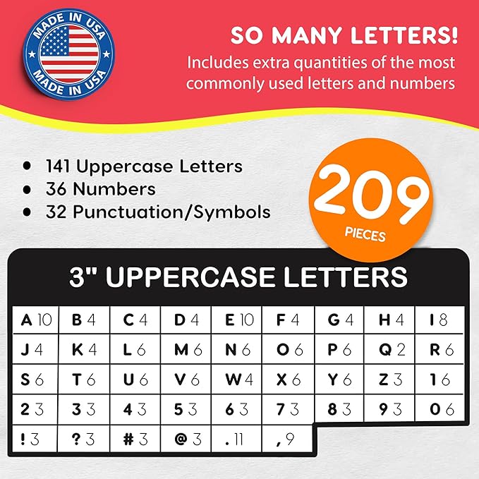 209 Pcs 3" Bright Bulletin Board Letters & Numbers, Capital, Numbers, Punctuation, US Made Card Stock Punch Out Letters for Poster, Bulletin Board, Classroom - Precut