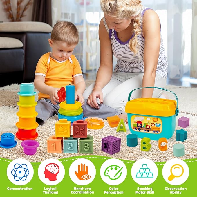 Montessori Baby Toys for Ages 6–18 Months with Sensory Shape Sorter Matching Game Toy Stacking Ring Soft Building Blocks Developmental Learning Toys for Toddlers 1+ Year Old