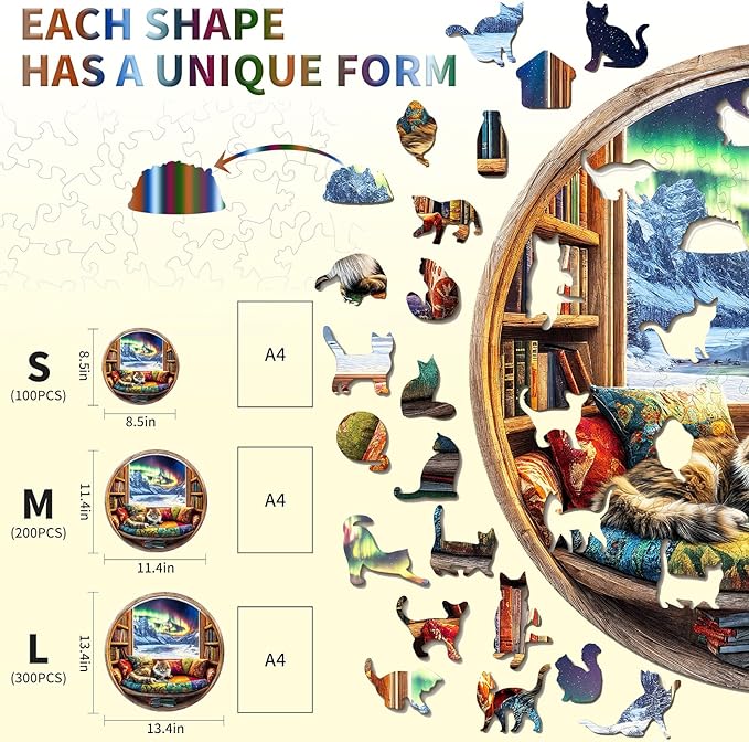 Wooden Puzzles for Adults, Warm Cats and Books Jigsaw Puzzles, Unique Shaped Wooden Puzzle for Adults and Kids, Birthday Gift Family Game.(11.4X 11.4 in 200pcs)