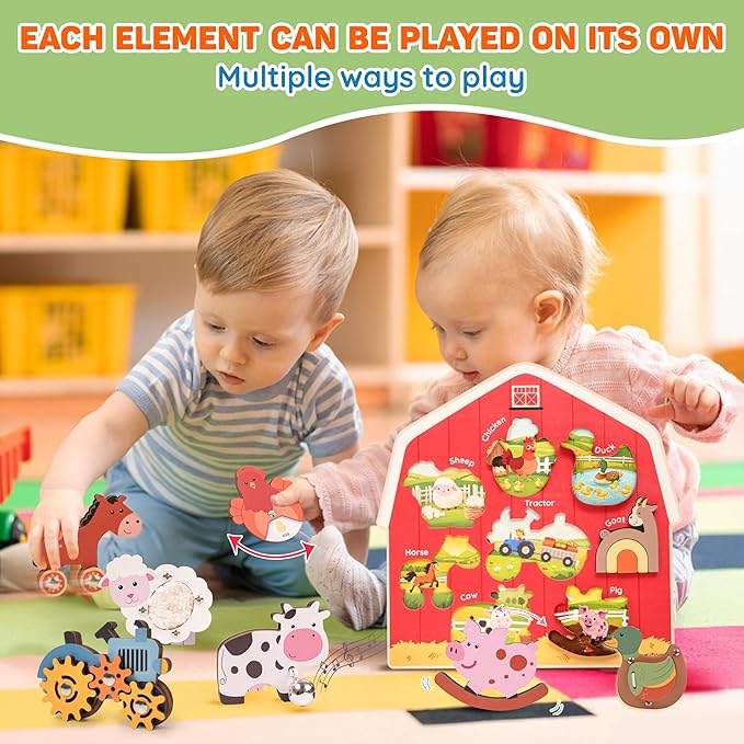 Wooden Montessori Farm Puzzles for Toddlers 1-3 – Interactive Sensory Animal Toys with Textures & Sound -Educational Puzzle & Baby Gifts for Fine Motor Skills & Autism Friendly (8 Puzzles)