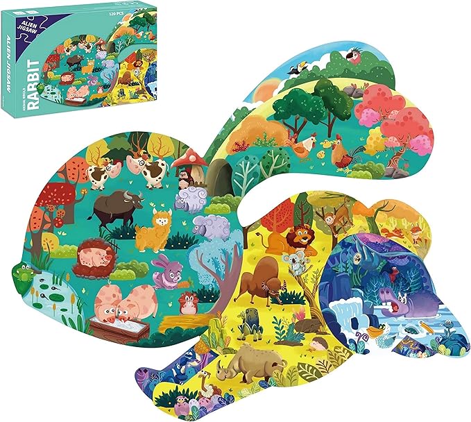 PINU Jigsaw Puzzles for Kids Ages 3-5, 6-8, 8-10, Children Colorful Fun Animal Shaped Puzzle Learning Educational Toys Gifts Games for Boys and Girls (Rabbit-120 PCS)