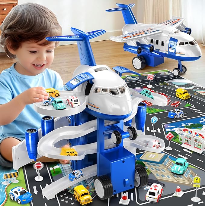 Airplane Toys for Toddlers 2-4 - Boy Toy Car Race Tracks for Kids Ages 3-5 with 8 Small Car Toys, Toddlers Educational Toy, Birthday Gifts for Boys 3-5