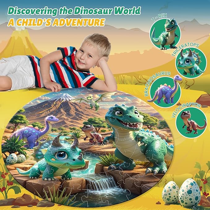 ELX 70 Piece Large Dinosaur Floor Puzzle for Kids Ages 5-8,United States Map & Dino Jigsaw Puzzles, Double-Sided Round Puzzles for Toddlers, Educational Toys for Boys & Girls (22.5 Inch)