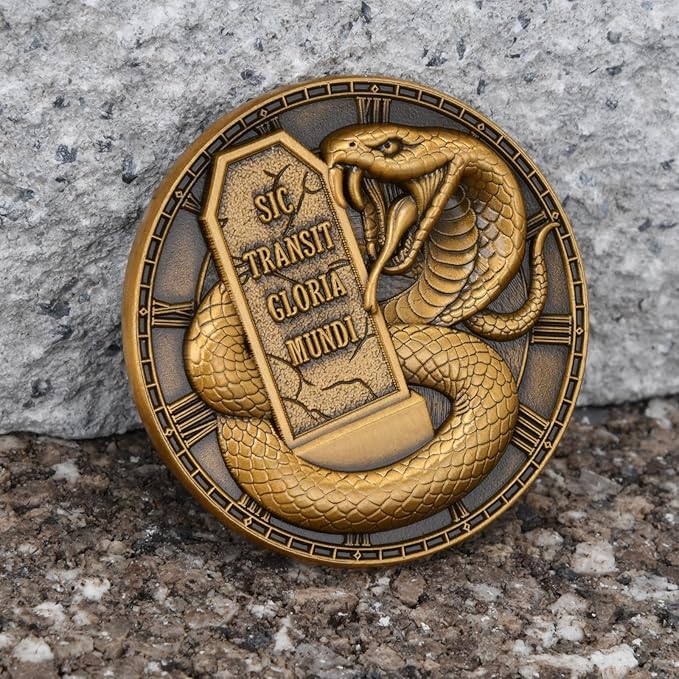 Memento Mori Challenge Coin - Hourglass & Scythe Design with Latin Inscriptions, Embrace Life’s Transience with Inspirational Design (Single Coin)